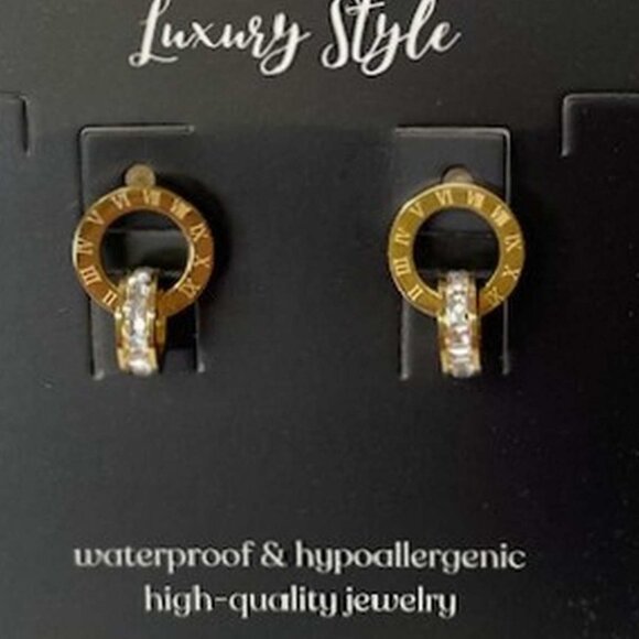 Earrings 18K Gold Plated Steel w/Rhinestones - Picture 3 of 5